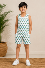 Kids Printed Sleeveless Top & Shorts Set – Green Fruit Print Casual Co-Ord Set
