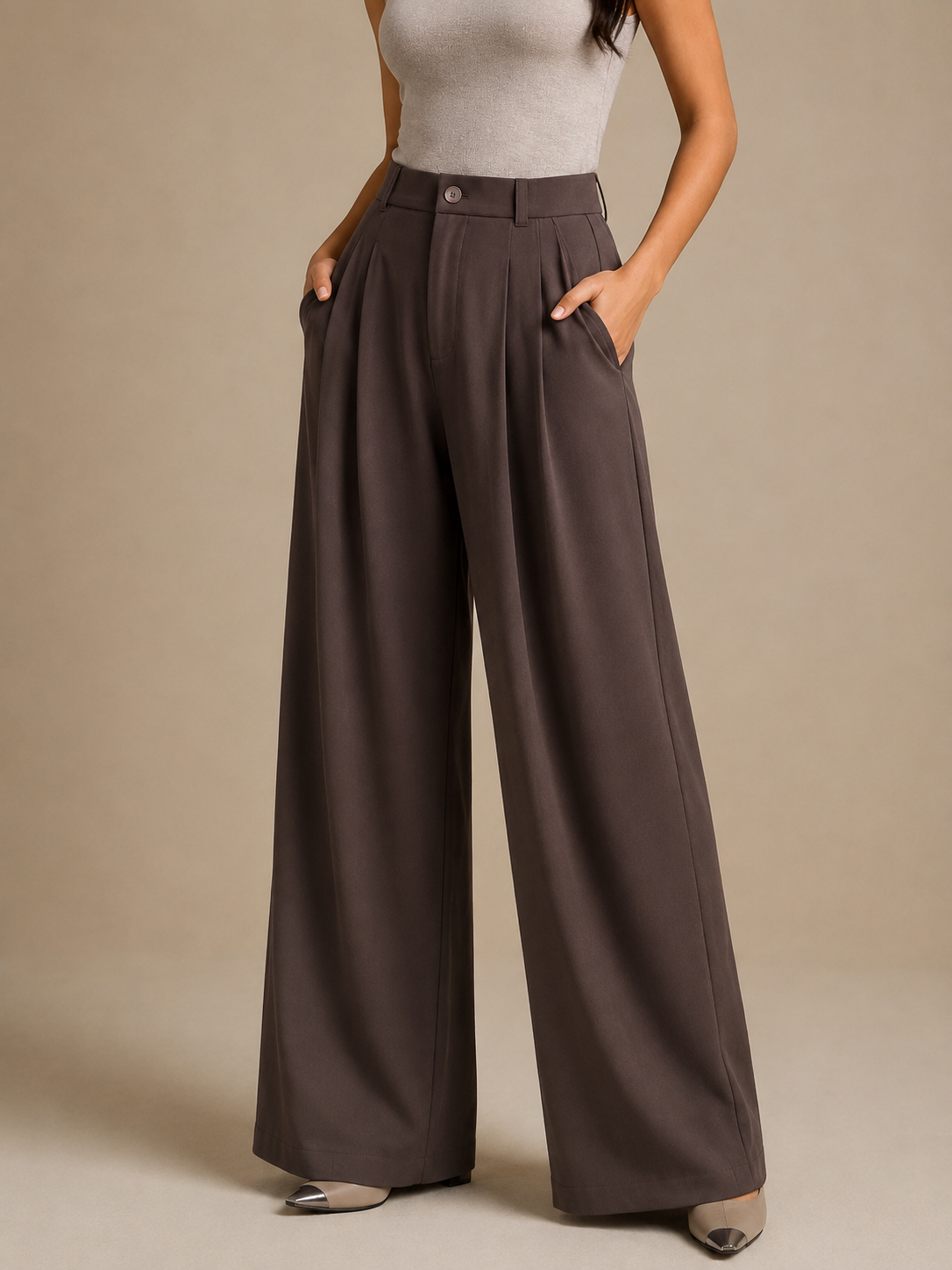 Women’s Korean Linen Wide-Leg Pants – Chocolate Brown