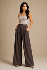 Women’s Korean Linen Wide-Leg Pants – Chocolate Brown