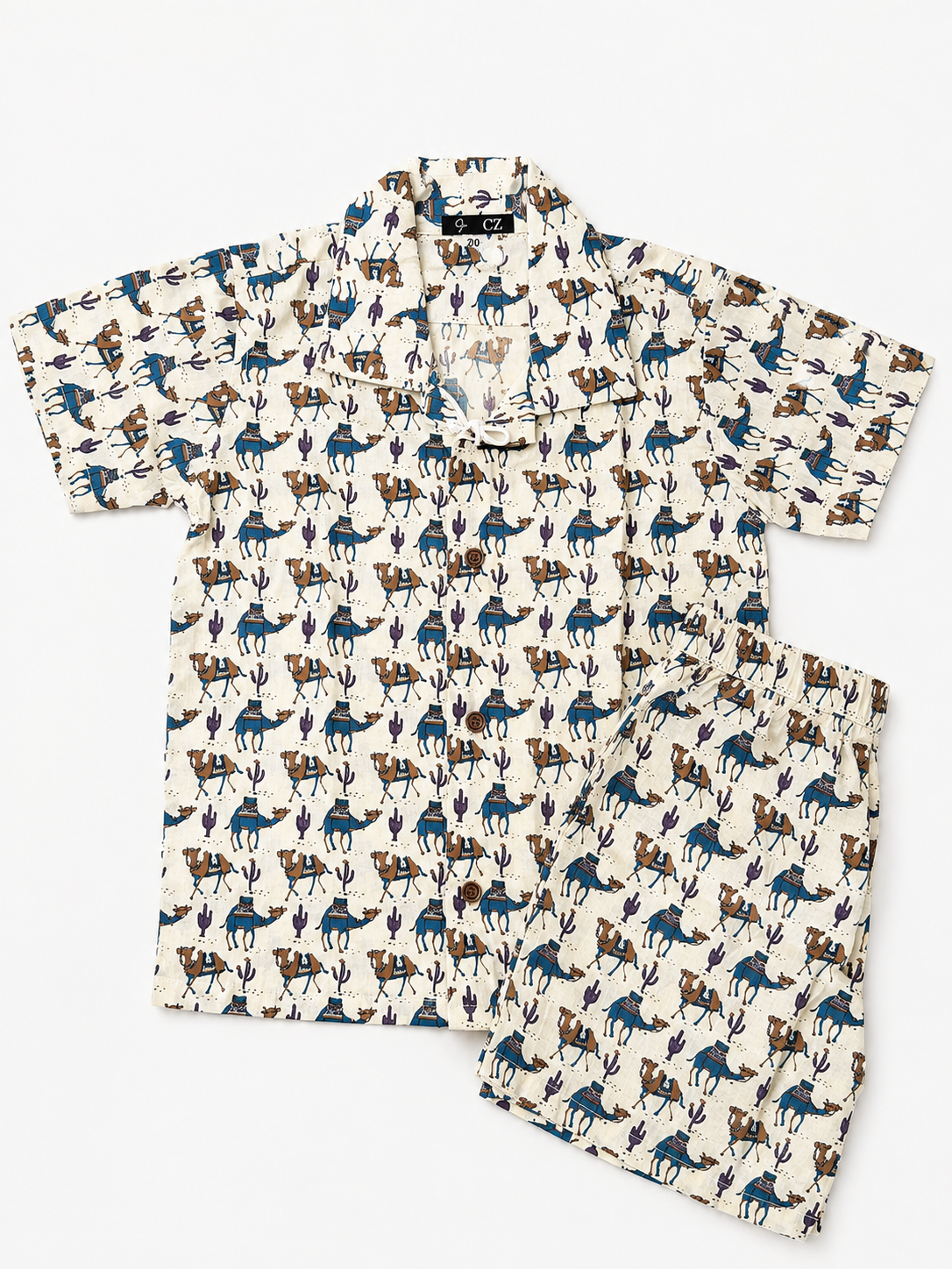 Kids Printed Shirt & Shorts Set – Cream Camel & Cactus Print Casual Co-Ord Set