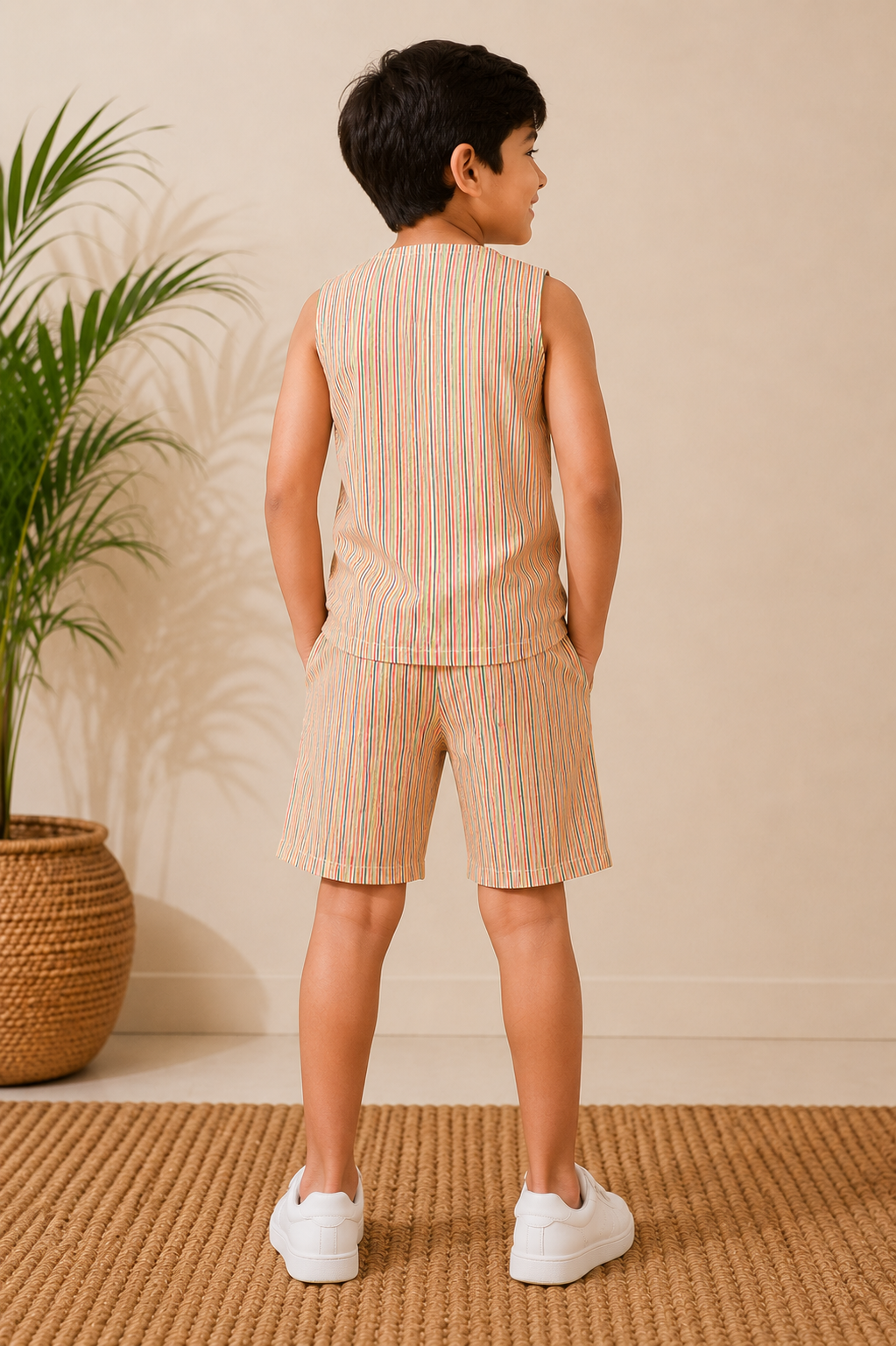Kids Printed Sleeveless Top & Shorts Set – Multicolor Striped Casual Co-Ord Set