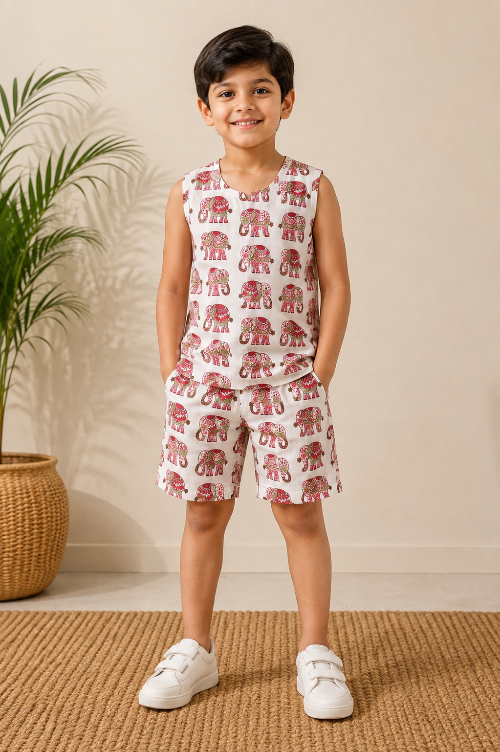 Kids Printed Sleeveless Top & Shorts Set – Elephant Print Casual Co-Ord Set