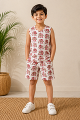 Kids Printed Sleeveless Top & Shorts Set – Elephant Print Casual Co-Ord Set
