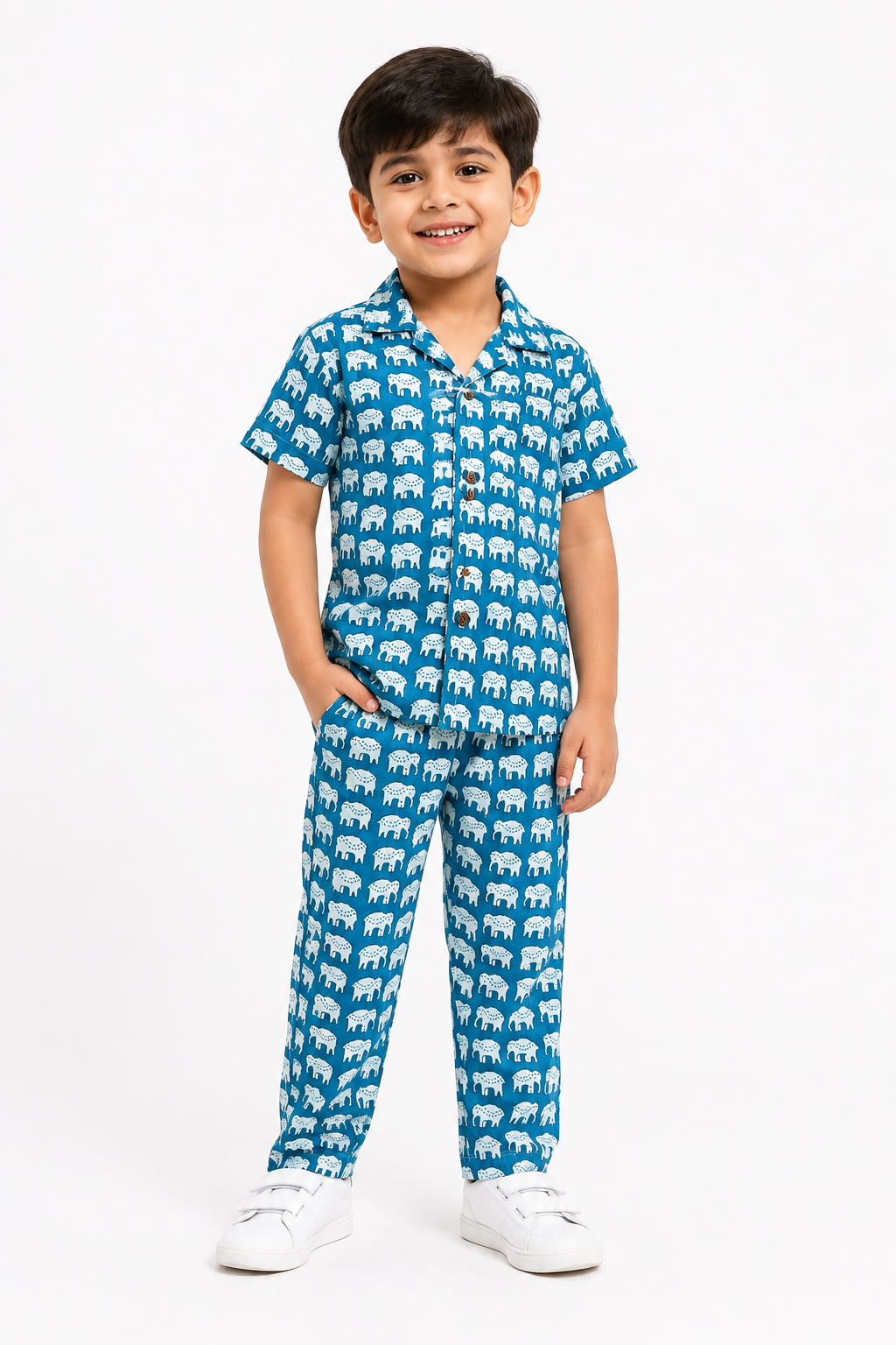 Kids Printed Shirt & Full Pants Set – Blue Animal Print Casual Co-Ord Set