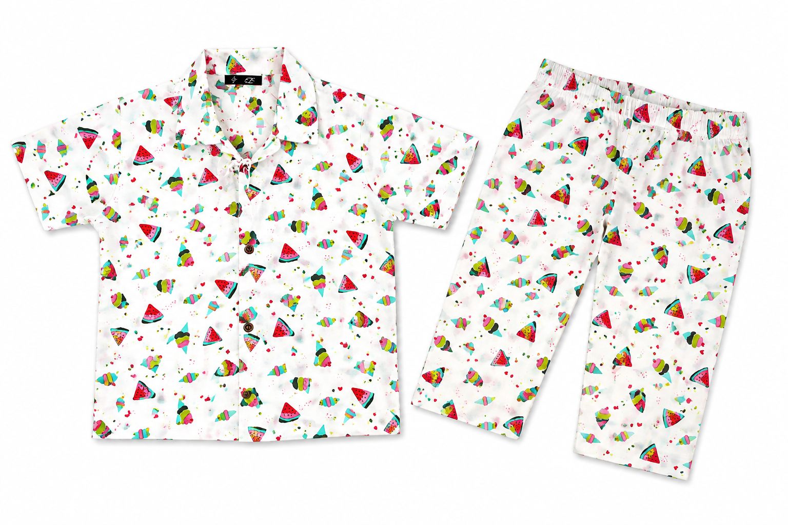 Kids Printed Shirt & Full-Length Pant Set – Watermelon & Ice Cream Print Co-Ord Set
