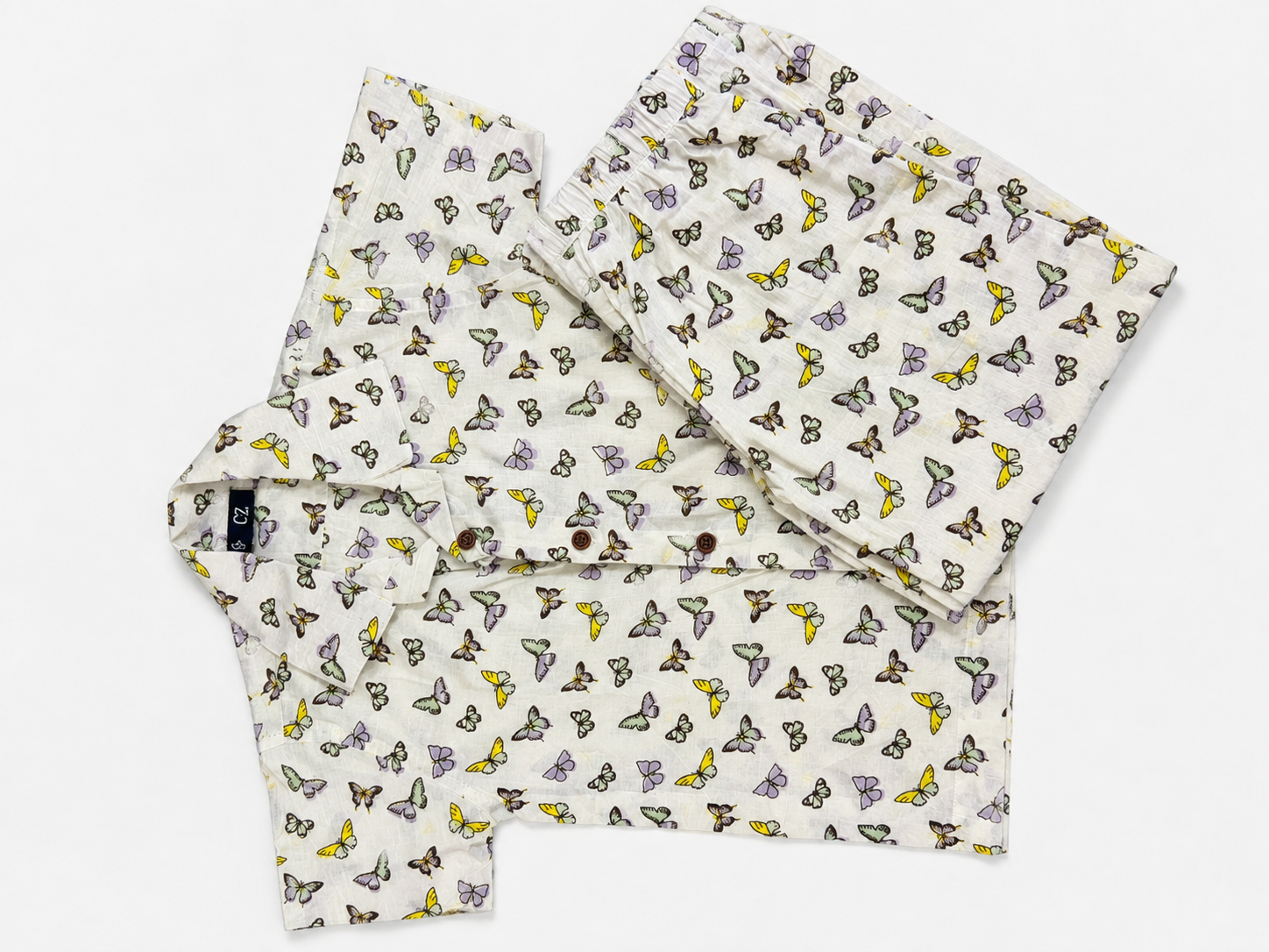 Kids Printed Shirt & Full Pants Set – White Butterfly Print Co-Ord Set