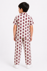 Kids Printed Shirt & Full Pants Set – Off-White & Maroon Horse Print Co-Ord Set