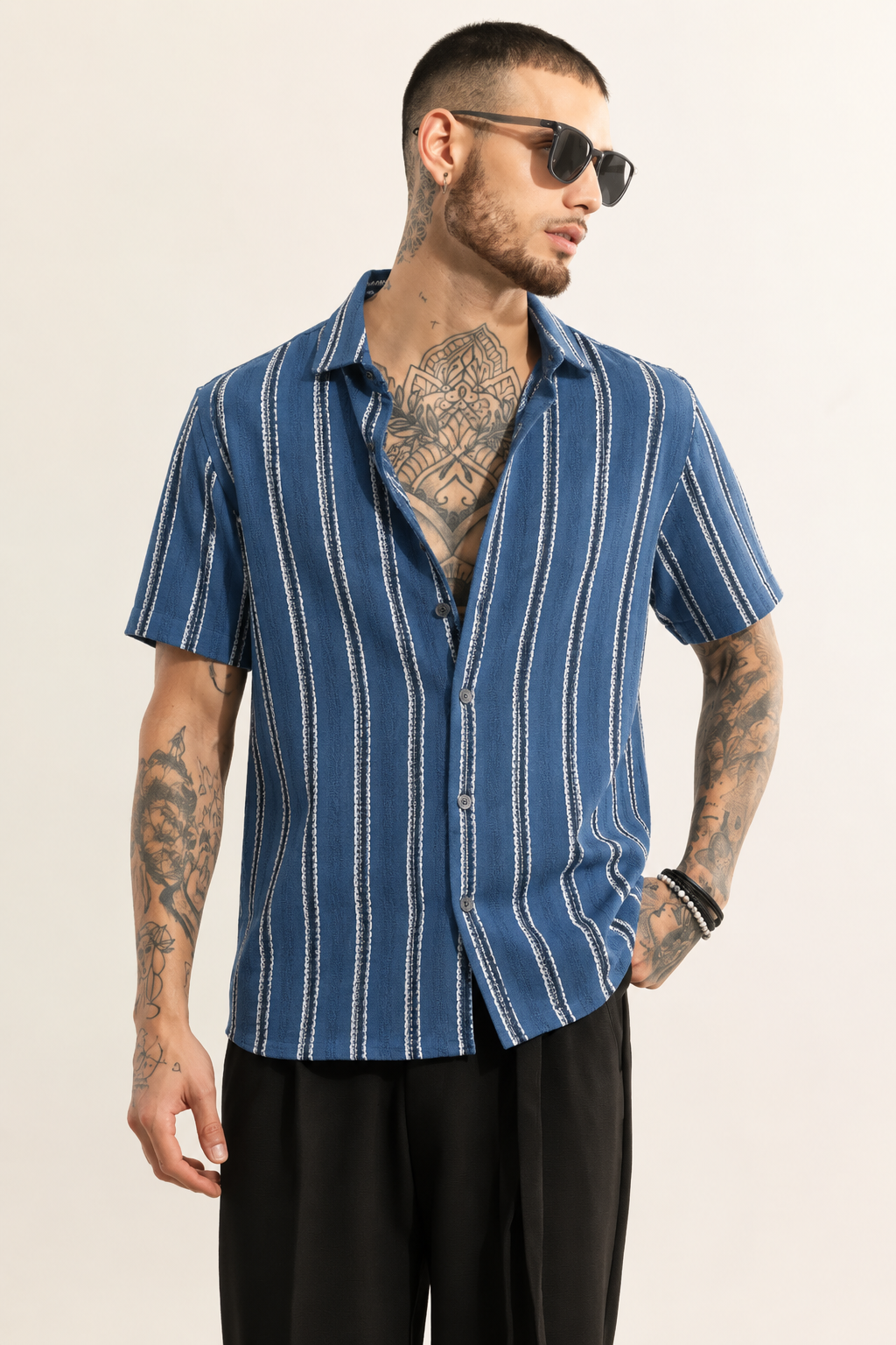 Men's Premium Blue Vertical Stripe Cuban Collar Shirt