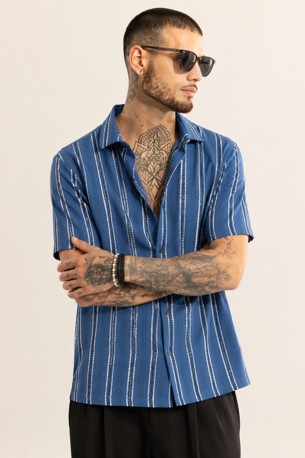 Men's Premium Blue Vertical Stripe Cuban Collar Shirt