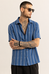 Men's Premium Blue Vertical Stripe Cuban Collar Shirt