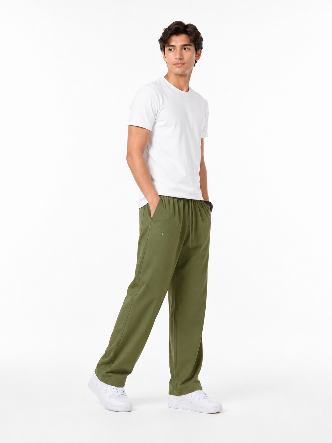 Men’s Olive Green Linen Blend Relaxed Trousers