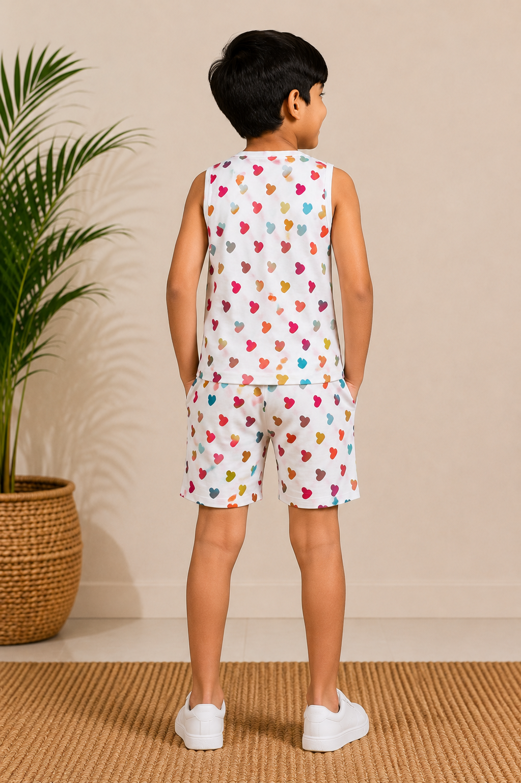 Kids Heart Print Sleeveless Top & Shorts Set – Multicolor Printed Casual Co-Ord Set