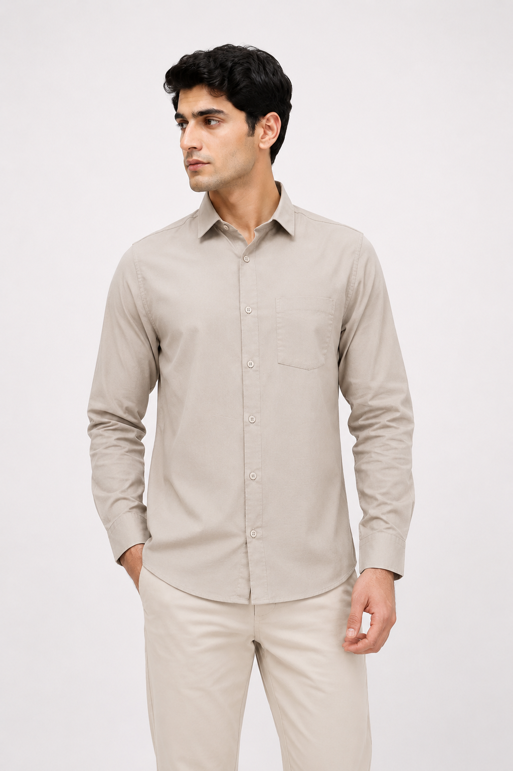Men’s Solid Beige Full-Sleeve Casual Shirt