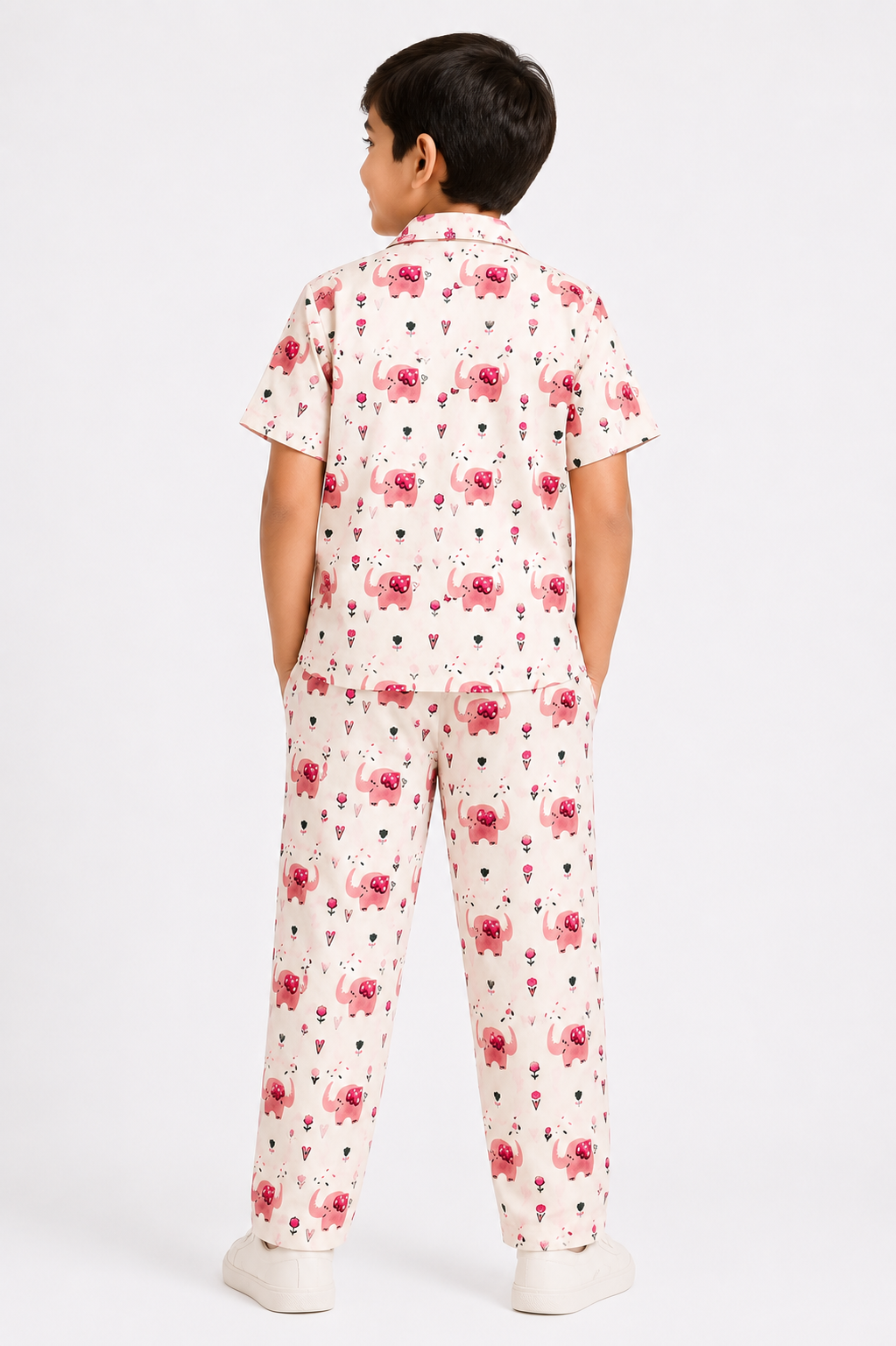 Kids Pink Elephant Print Co-Ord Set – Shirt & Pants