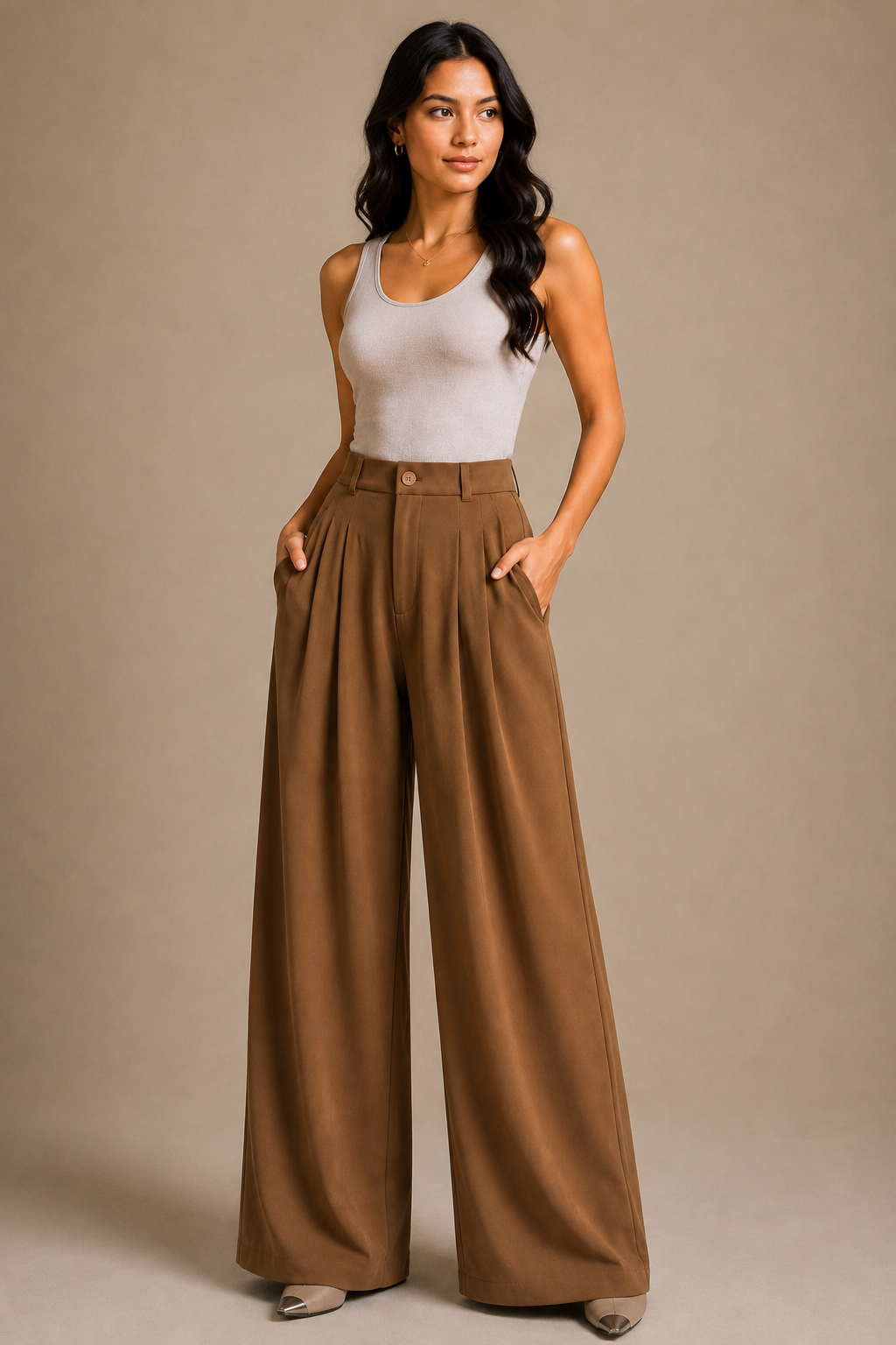 Women’s Korean Linen Wide-Leg Pants – Caramel Brown