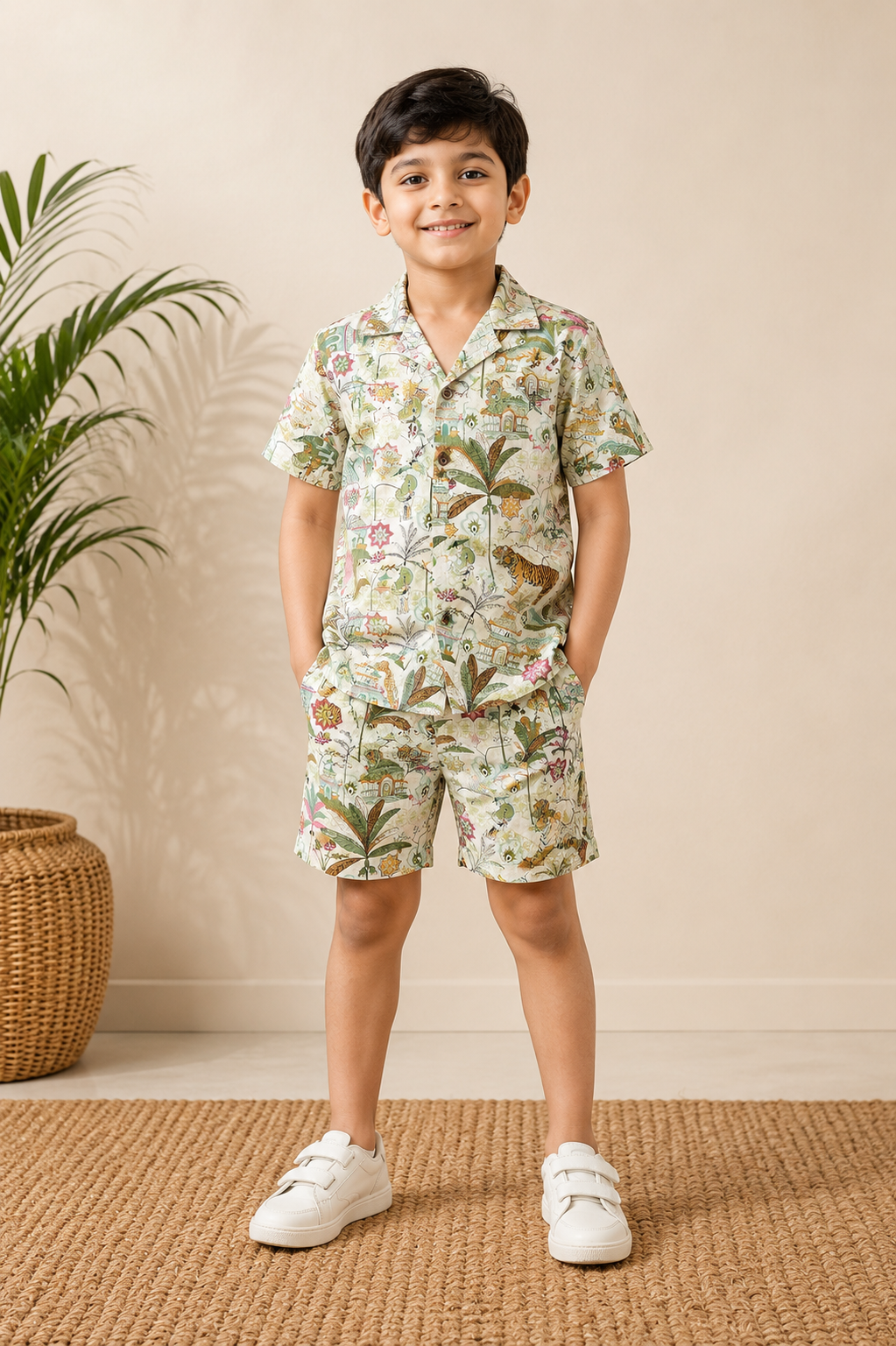 Kids Printed Shirt & Shorts Set – Tropical Jungle & Animal Print Casual Co-Ord Set