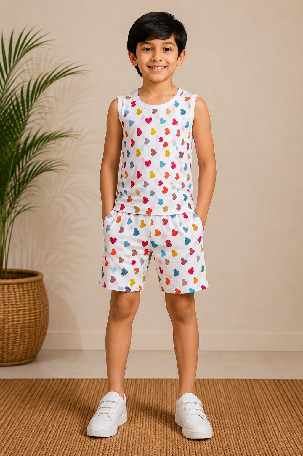 Kids Heart Print Sleeveless Top & Shorts Set – Multicolor Printed Casual Co-Ord Set