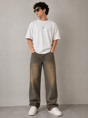 Men’s Vintage Washed Brown Straight-Fit Denim Jeans