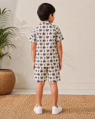 Kids Printed Shirt & Shorts Set – Cream Camel & Cactus Print Casual Co-Ord Set