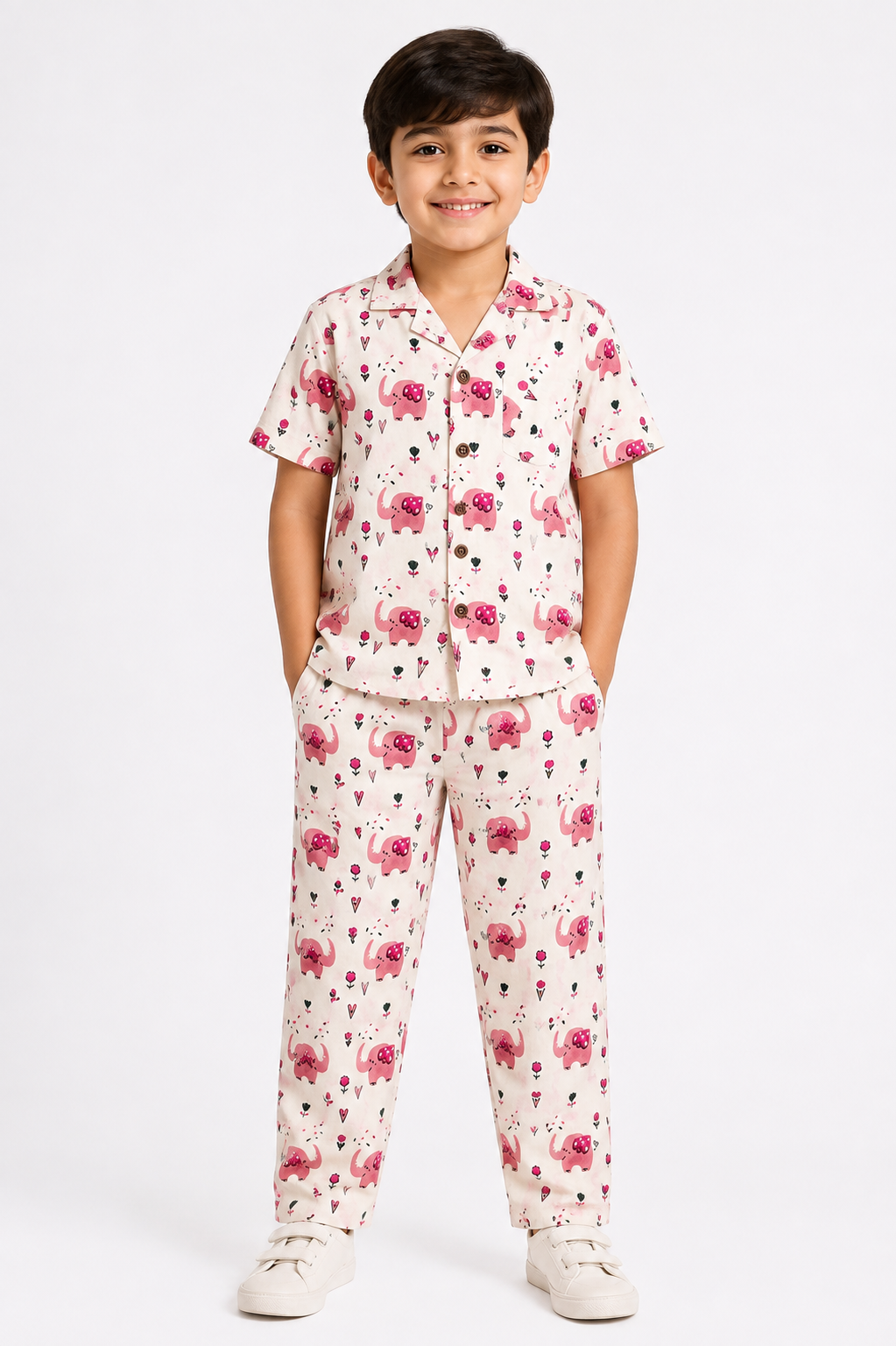 Kids Pink Elephant Print Co-Ord Set – Shirt & Pants