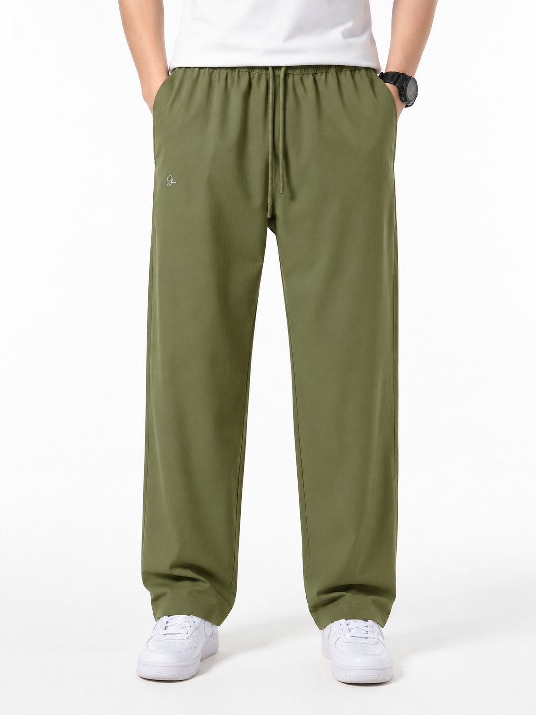 Men’s Olive Green Linen Blend Relaxed Trousers