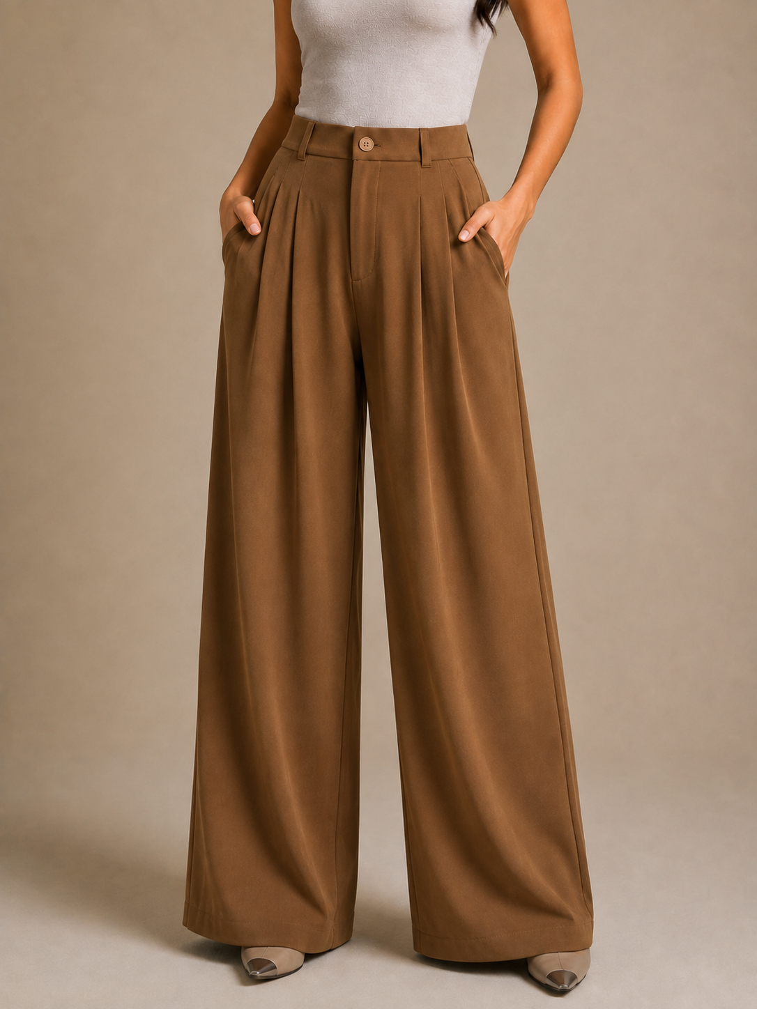 Women’s Korean Linen Wide-Leg Pants – Caramel Brown