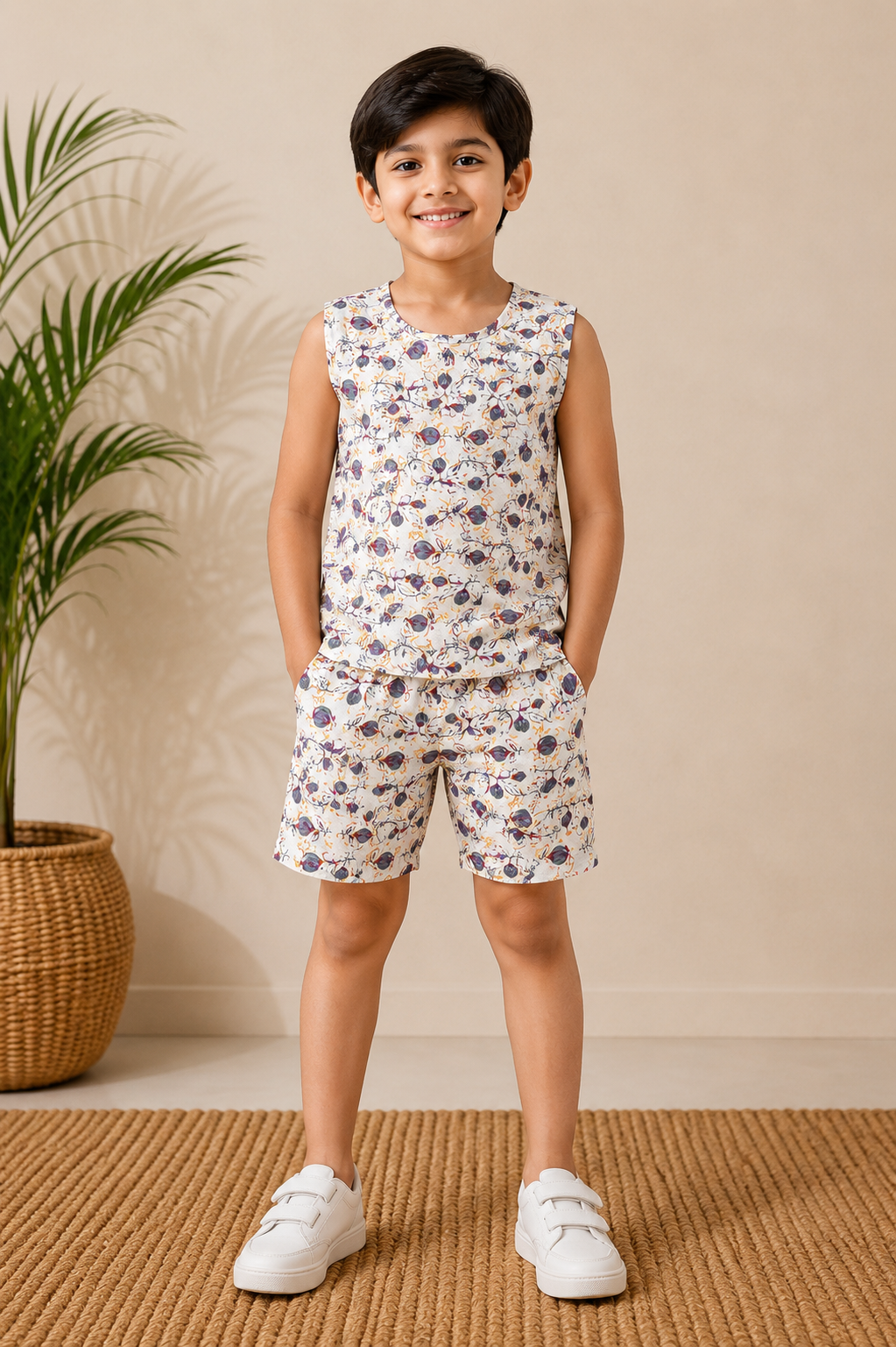 Kids Printed Top & Shorts Set – Floral Leaf Print Short-Sleeve Casual Co-Ord Set
