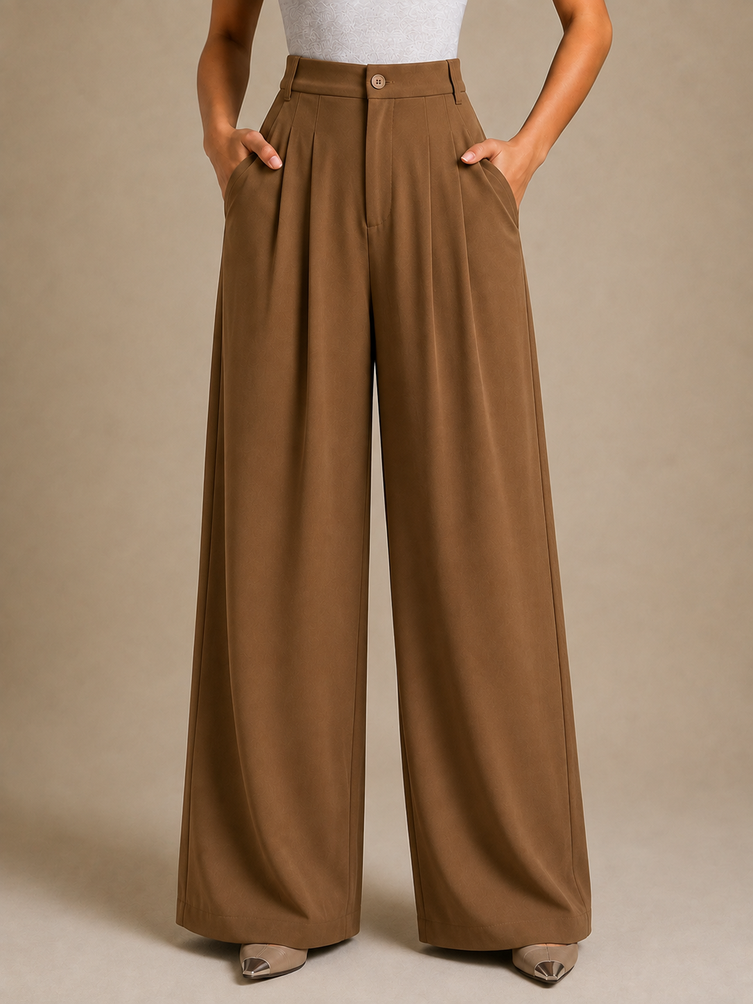 Women’s Korean Linen Wide-Leg Pants – Caramel Brown