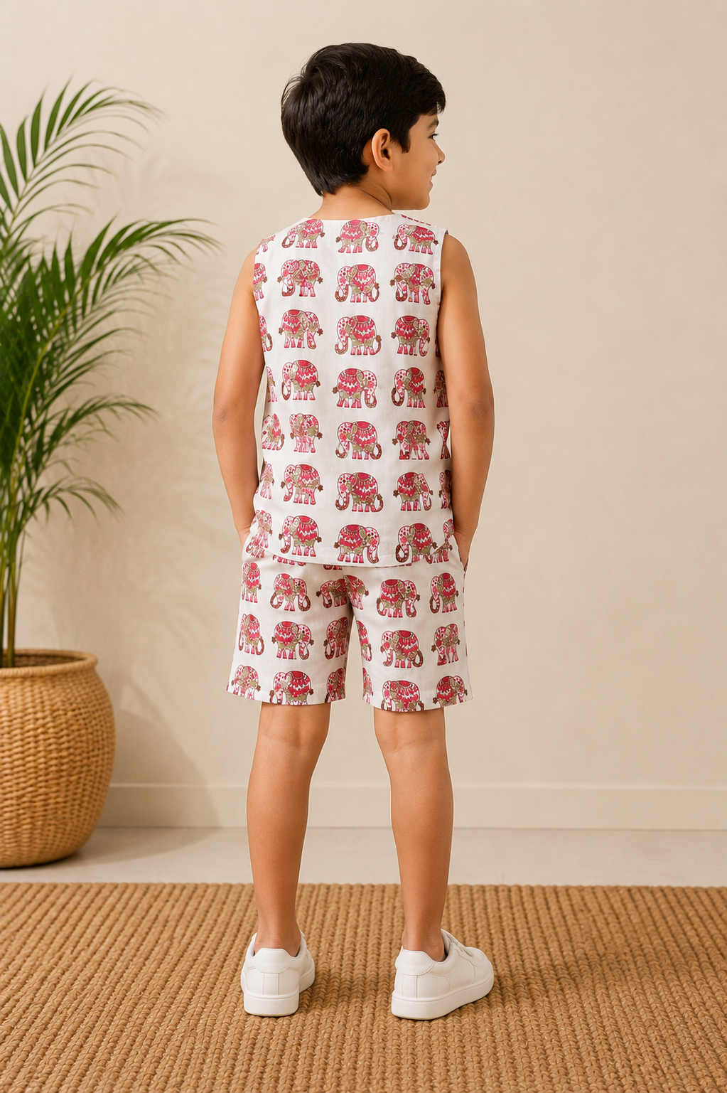 Kids Printed Sleeveless Top & Shorts Set – Elephant Print Casual Co-Ord Set