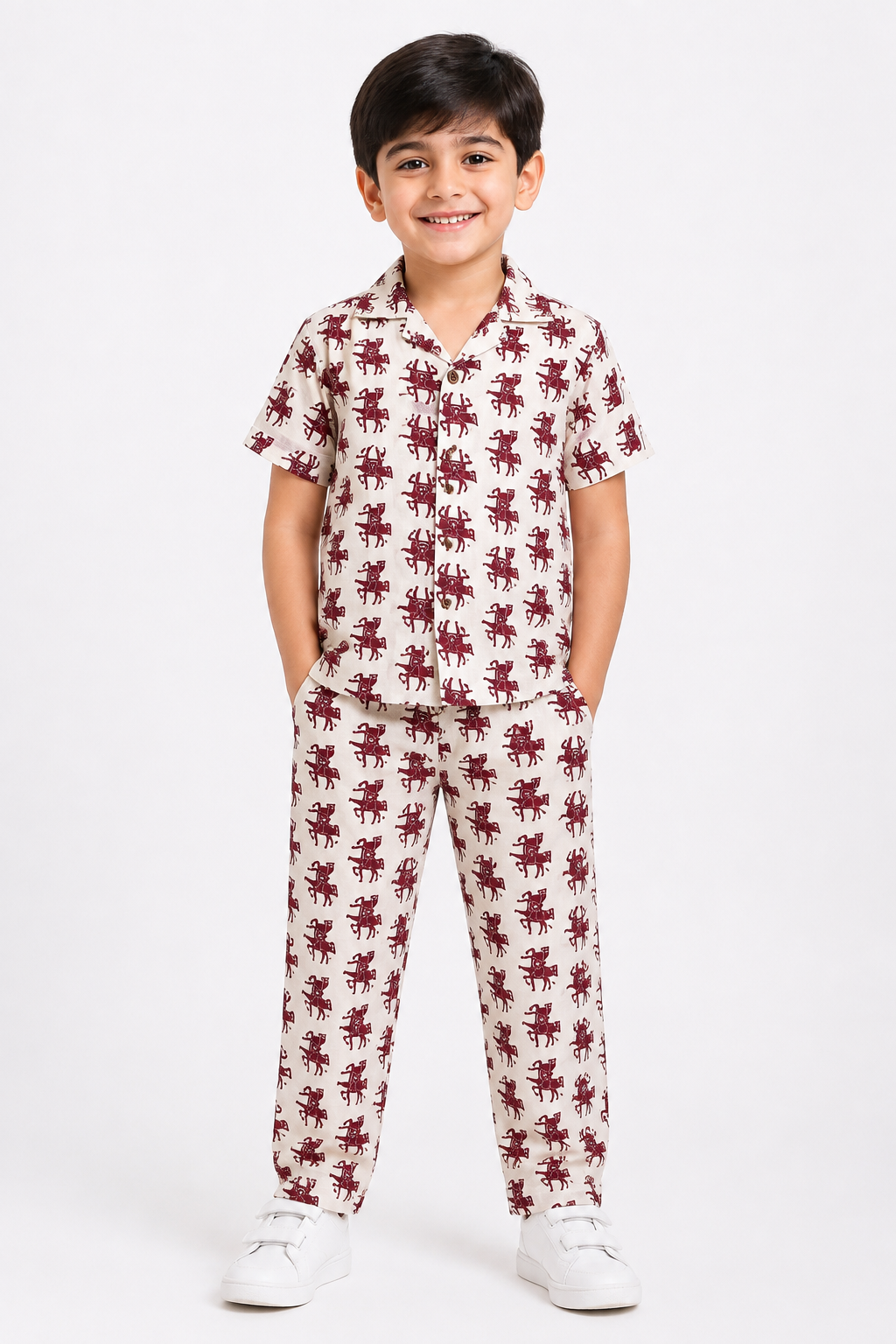 Kids Printed Shirt & Full Pants Set – Off-White & Maroon Horse Print Co-Ord Set
