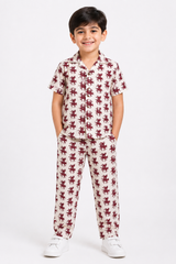 Kids Printed Shirt & Full Pants Set – Off-White & Maroon Horse Print Co-Ord Set