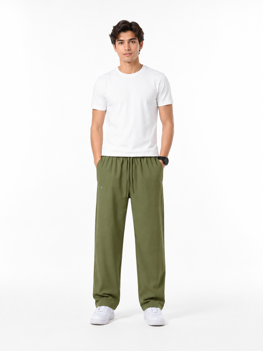 Men’s Olive Green Linen Blend Relaxed Trousers