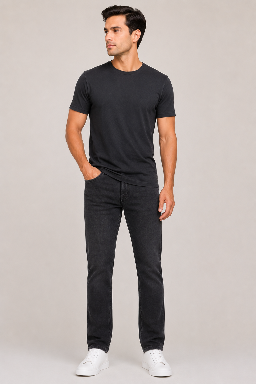 Classic Washed Cotton Denim Pants – Dark Grey