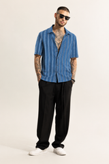 Men's Premium Blue Vertical Stripe Cuban Collar Shirt