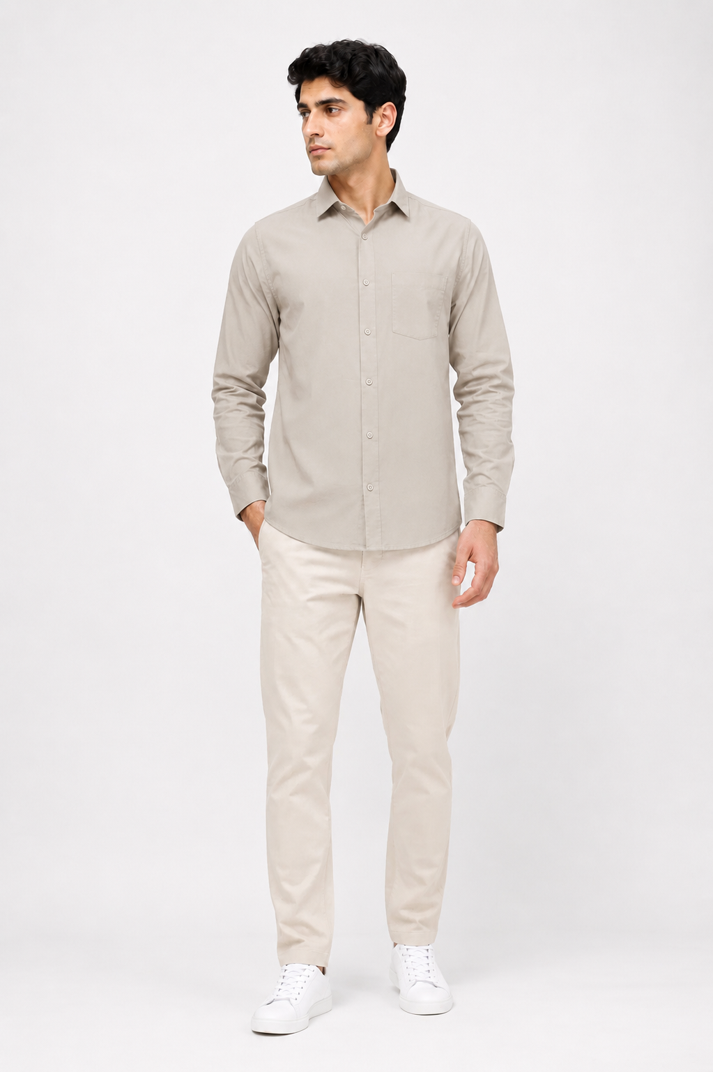 Men’s Solid Beige Full-Sleeve Casual Shirt