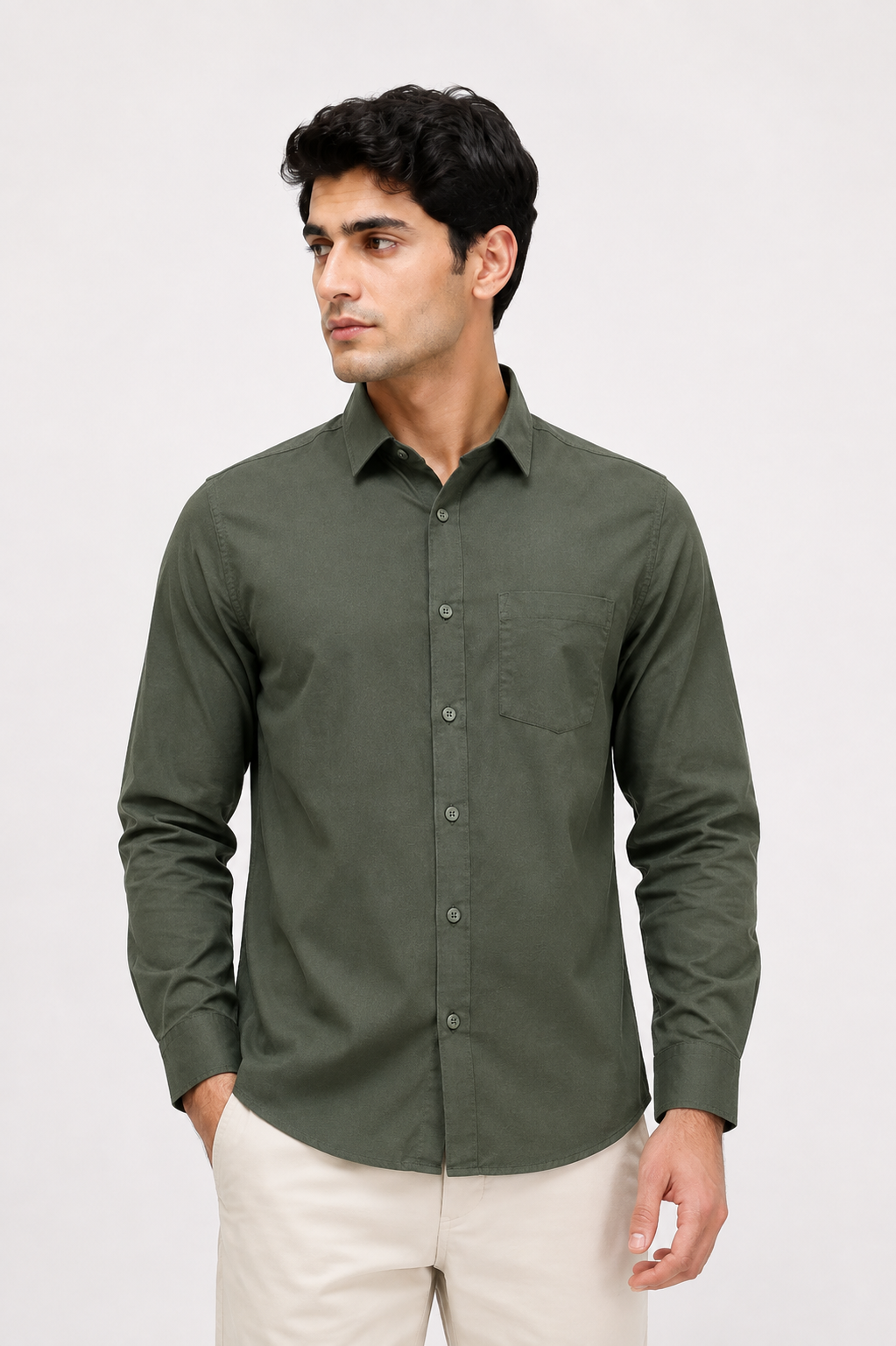 Men’s Olive Green Solid Full-Sleeve Shirt