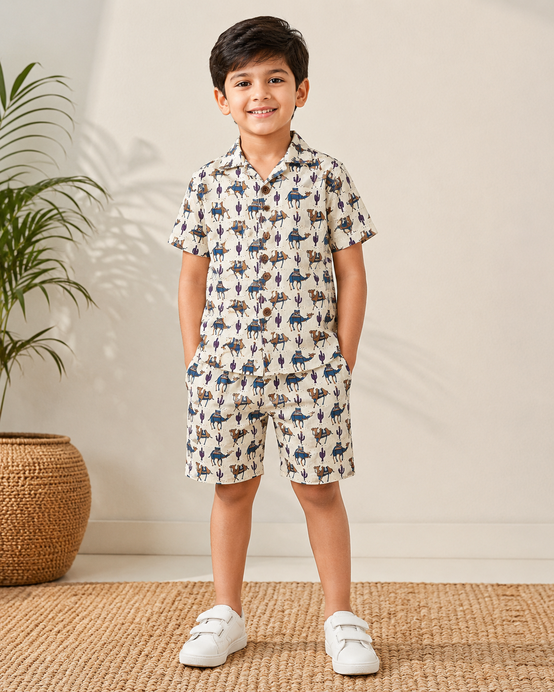 Kids Printed Shirt & Shorts Set – Cream Camel & Cactus Print Casual Co-Ord Set