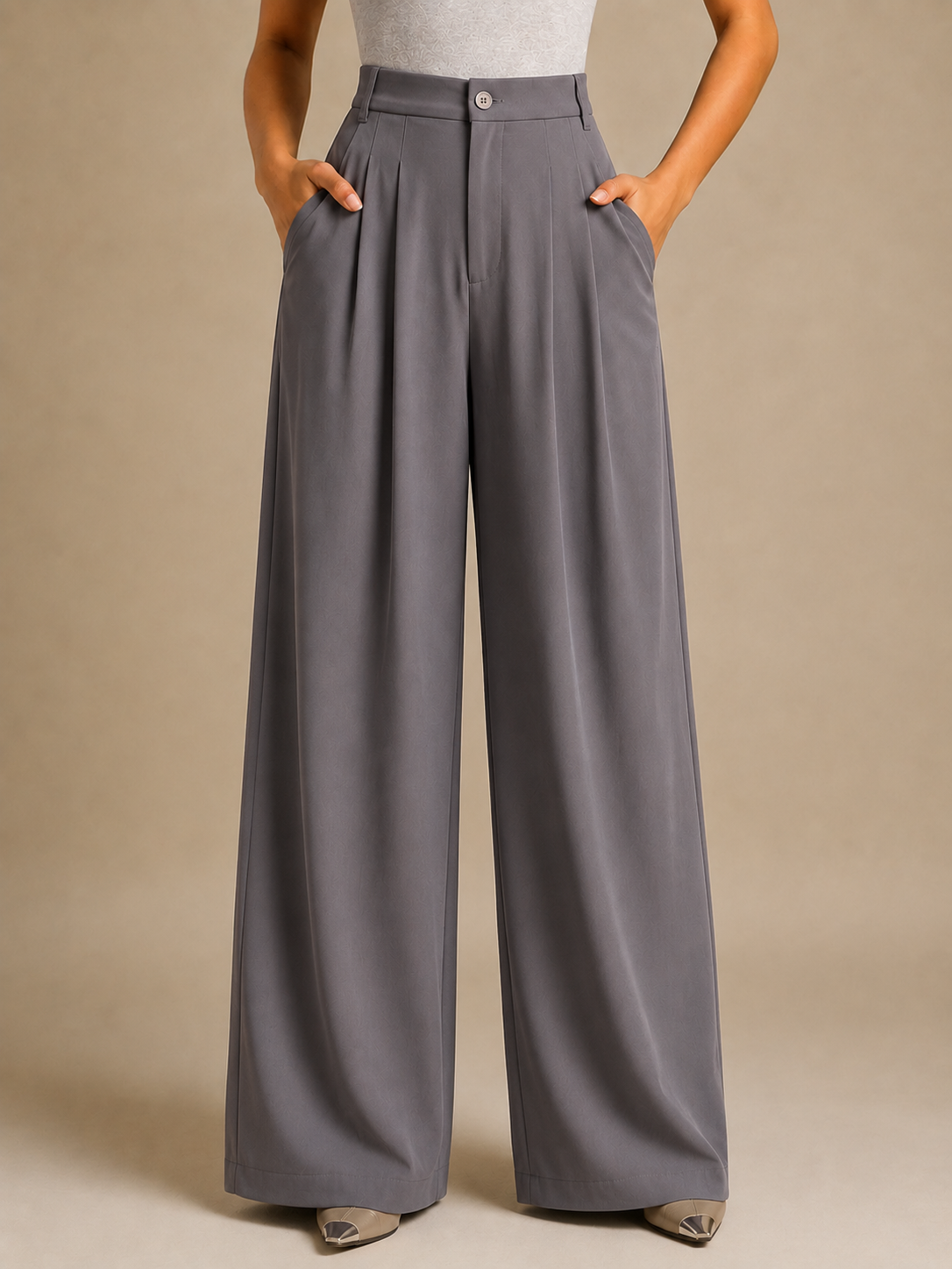 Women’s Korean Wide-Leg Pleated Pants – Grey