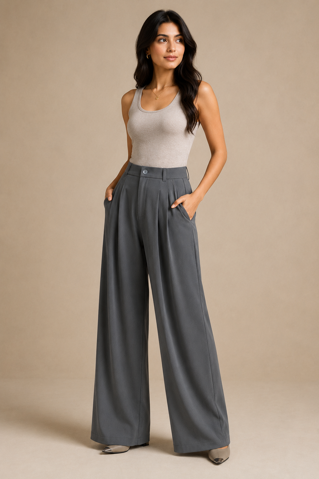 Women’s Korean Linen Blend Pleated Wide-Leg Pants