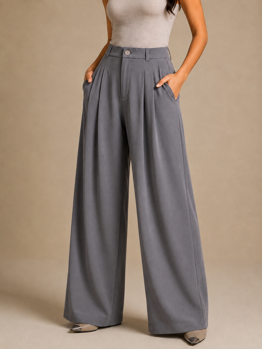 Women’s Korean Wide-Leg Pleated Pants – Grey