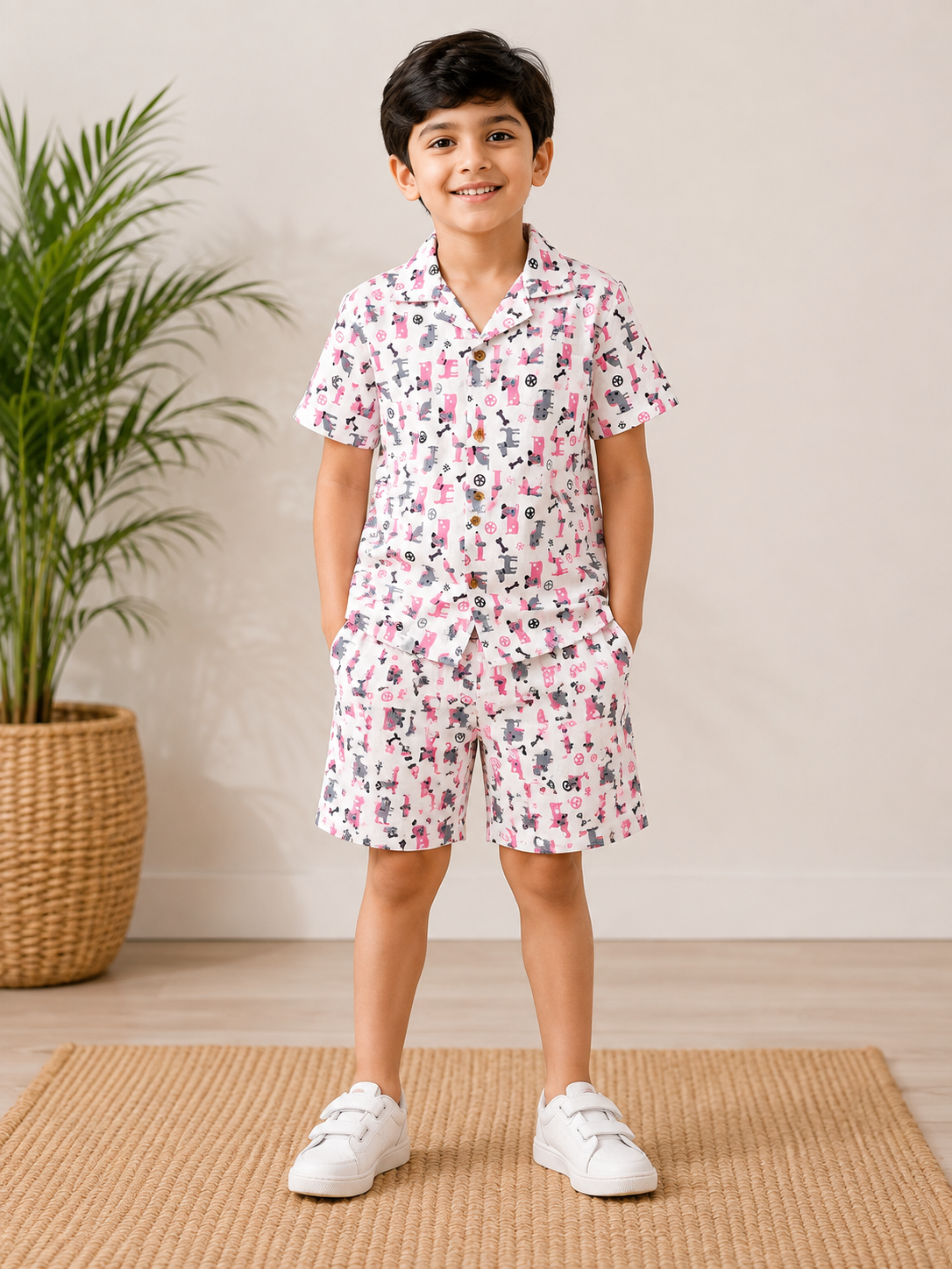 Kids’ Cute Puppy Print Shirt & Shorts Co-Ord Set