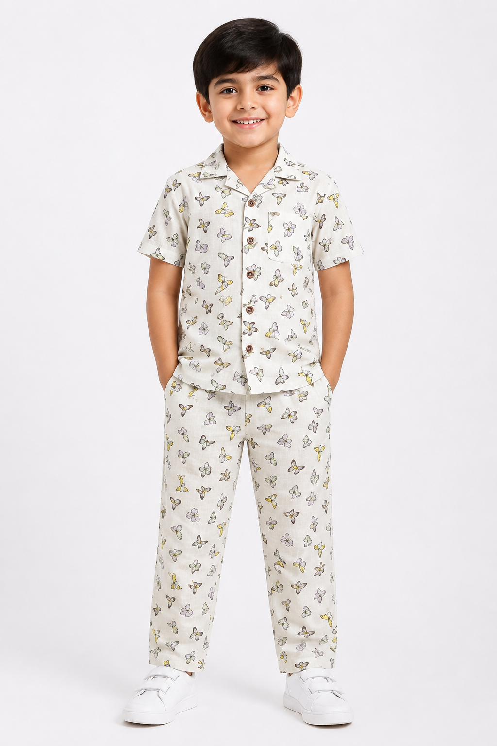 Kids Printed Shirt & Full Pants Set – White Butterfly Print Co-Ord Set