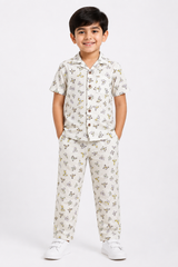 Kids Printed Shirt & Full Pants Set – White Butterfly Print Co-Ord Set